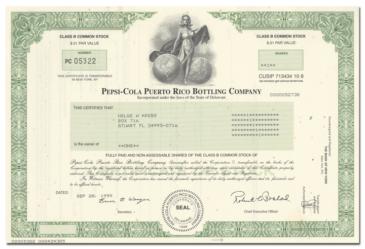 Pepsi - Cola Puerto Rico Bottling Company Stock Certificate