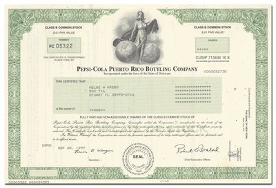 Pepsi - Cola Puerto Rico Bottling Company Stock Certificate
