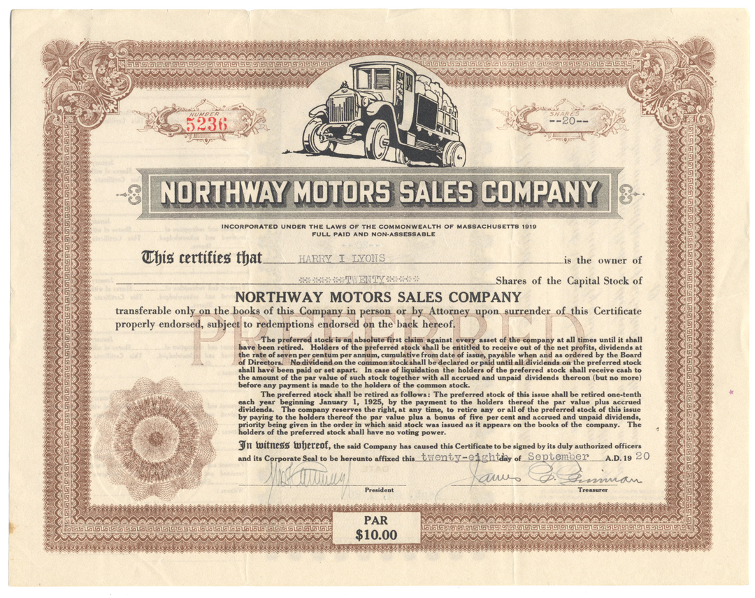 Northway Motors Sales Company Stock Certificate