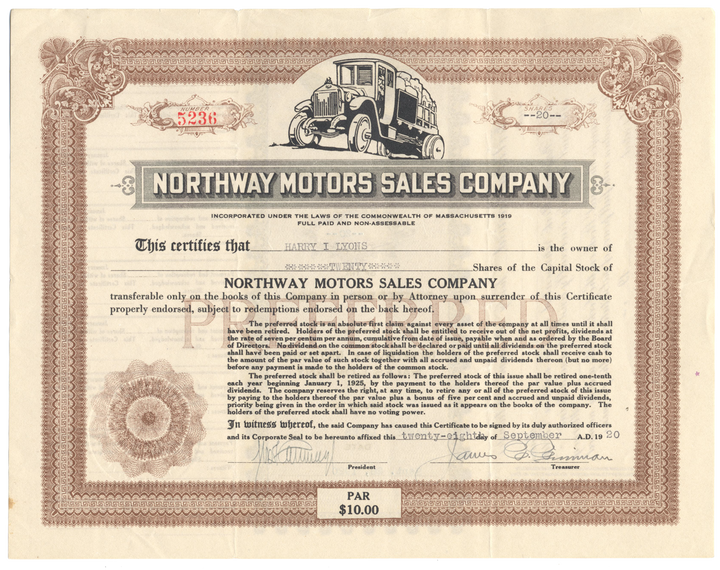 Northway Motors Sales Company Stock Certificate