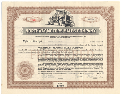 Northway Motors Sales Company Stock Certificate