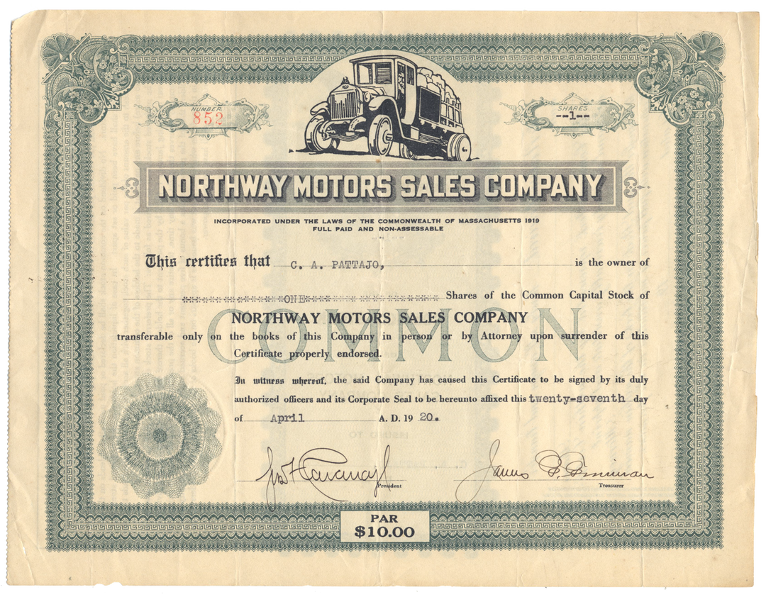 Northway Motors Sales Company Stock Certificate