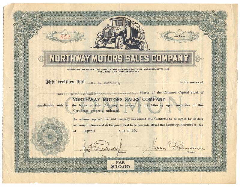 Northway Motors Sales Company Stock Certificate
