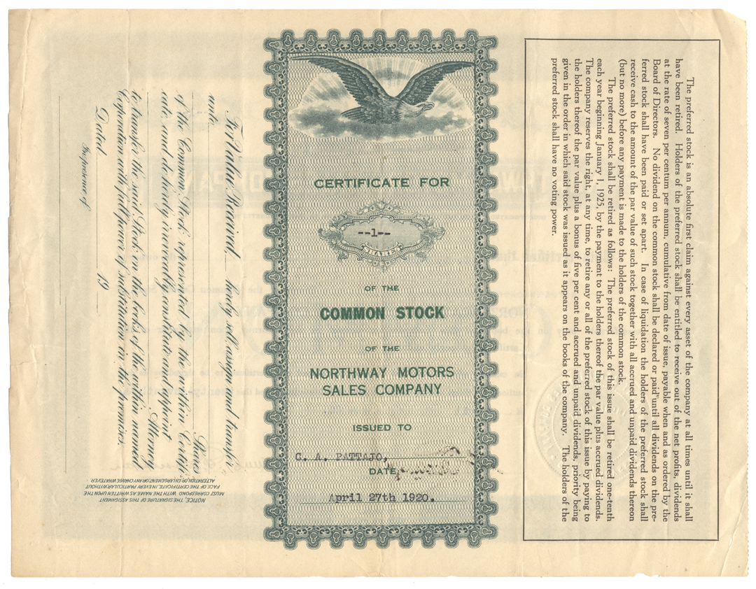 Northway Motors Sales Company Stock Certificate