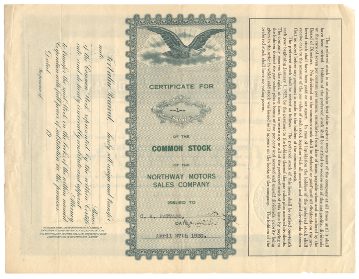 Northway Motors Sales Company Stock Certificate