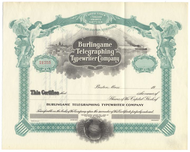 Burlingame Telegraphing Typewriter Company Stock Certificate