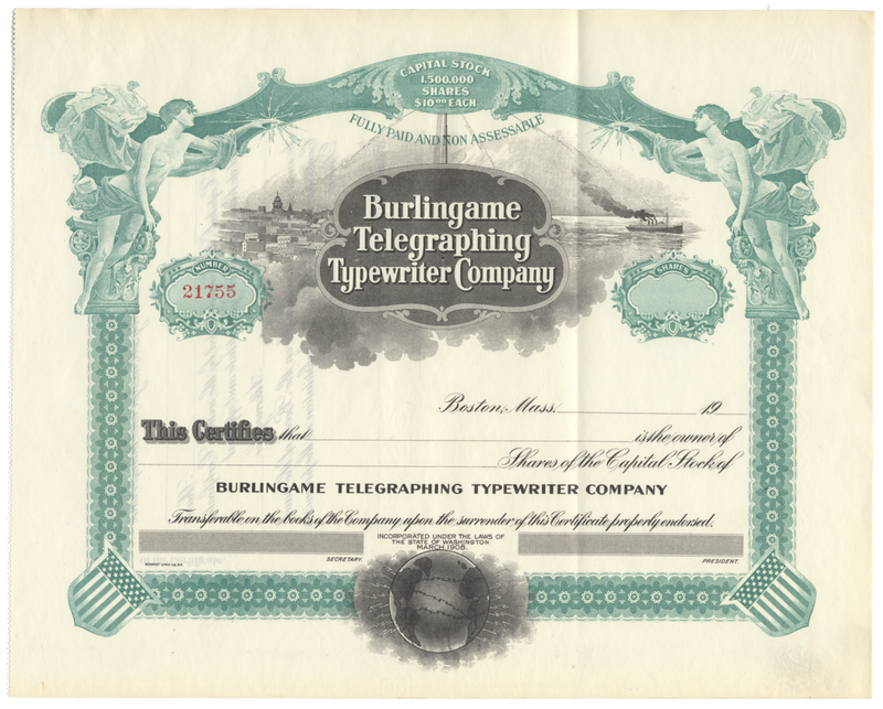 Burlingame Telegraphing Typewriter Company Stock Certificate