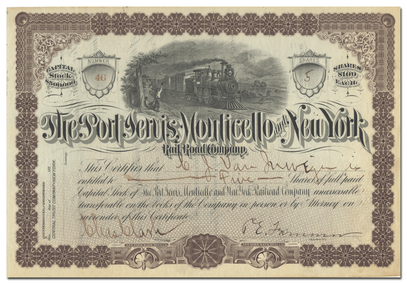 Port Jervis, Monticello and New York Rail Road Company Stock Certificate