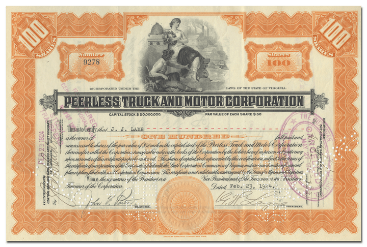 Peerless Truck and Motor Corporation Stock Certificate