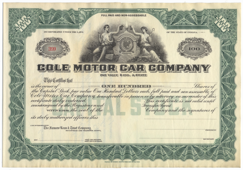 Cole Motor Car Company Stock Certificate