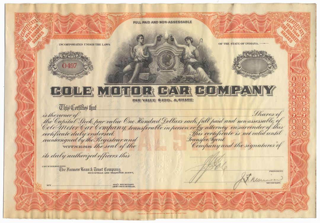 Cole Motor Car Company Stock Certificate