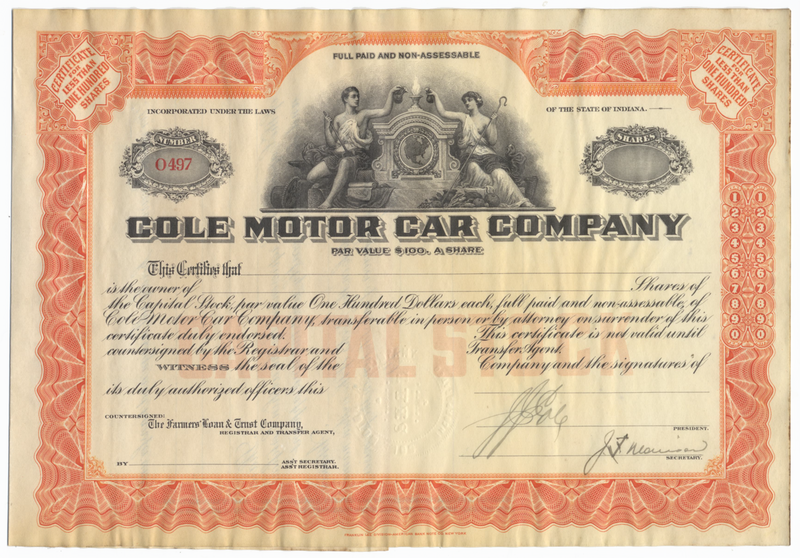 Cole Motor Car Company Stock Certificate