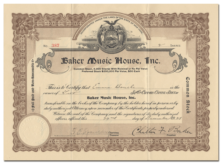 Baker Music House Stock Certificate