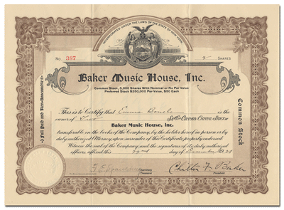 Baker Music House Stock Certificate
