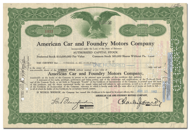 American Car and Foundry Motors Company Stock Certificate