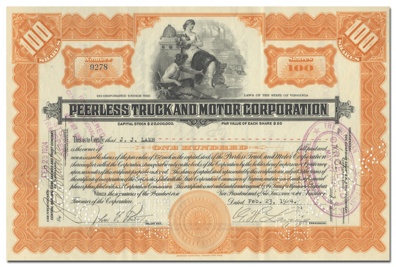 Peerless Truck and Motor Corporation Stock Certificate