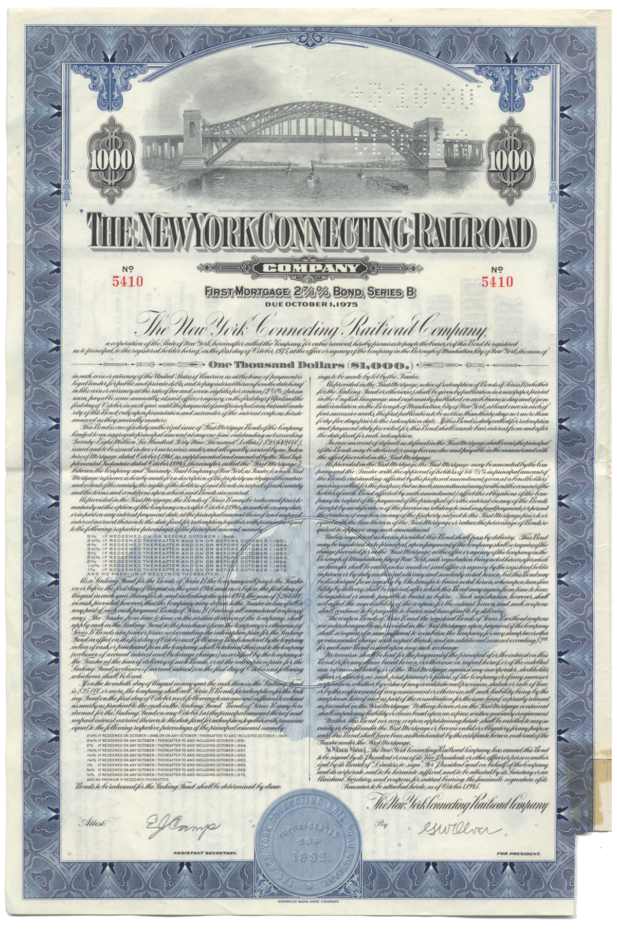 New York Connecting Railroad Company Bond Certificate