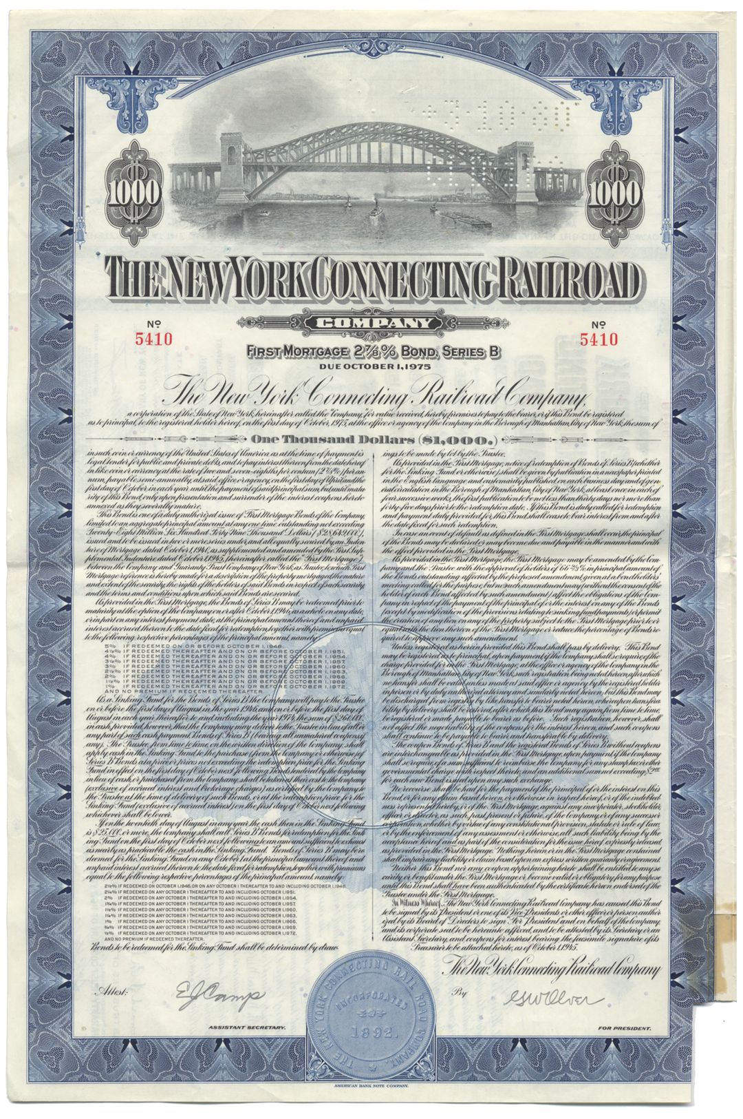 New York Connecting Railroad Company Bond Certificate