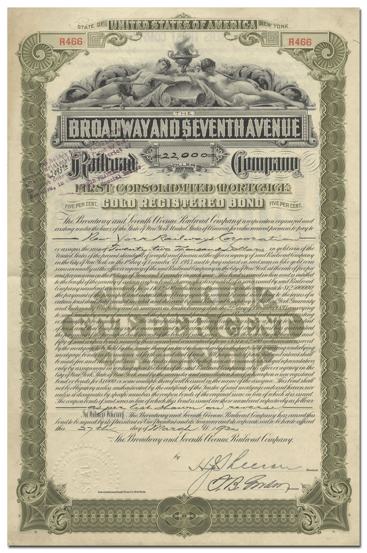 Broadway and Seventh Avennue Railroad Company Bond Certificate