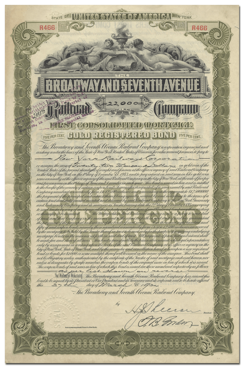 Broadway and Seventh Avennue Railroad Company Bond Certificate