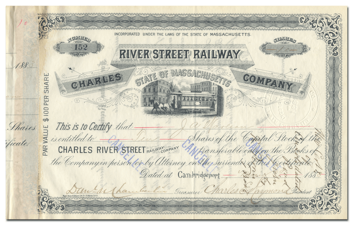 Charles River Street Railway Company Stock Certificate