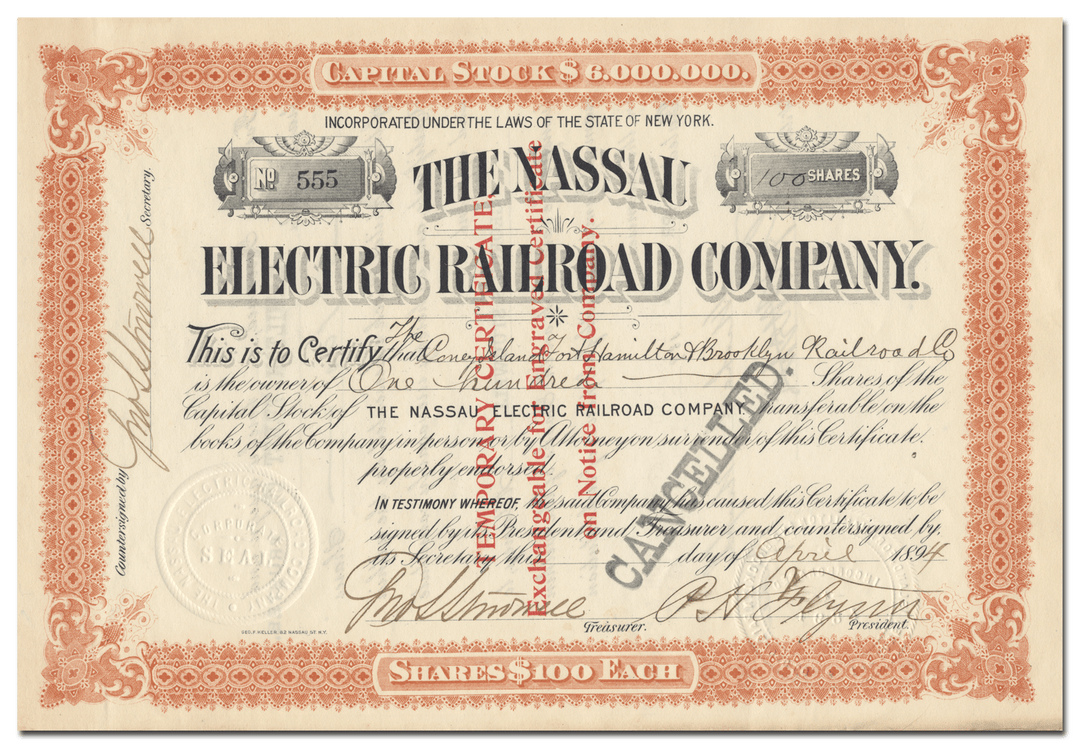 Nassau Electric Railroad Company Stock Certificate