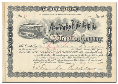 New York & Philadelphia Traction Company Stock Certificate