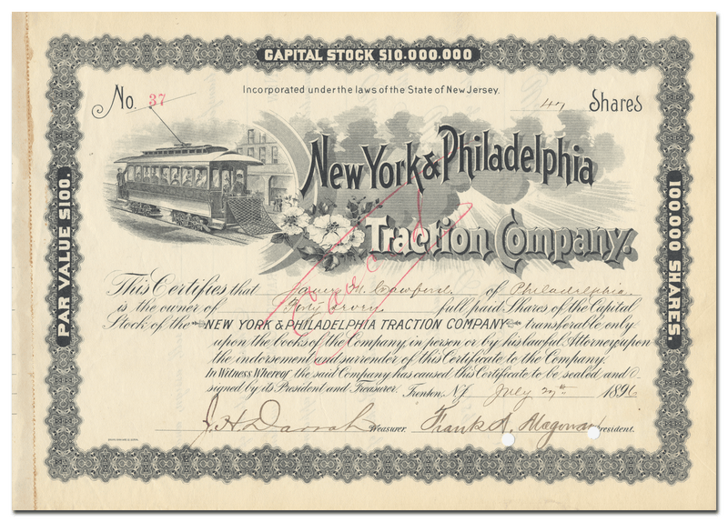 New York & Philadelphia Traction Company Stock Certificate