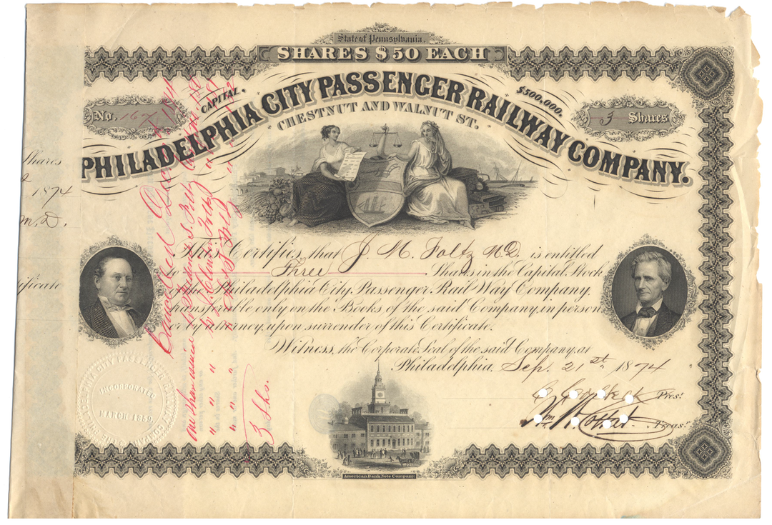 Philadelphia City Passenger Railway Company Stock Certificate