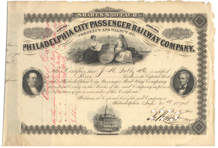 Philadelphia City Passenger Railway Company Stock Certificate