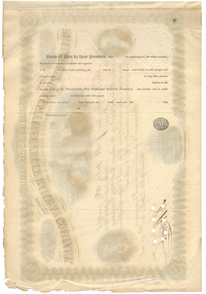 Philadelphia City Passenger Railway Company Stock Certificate