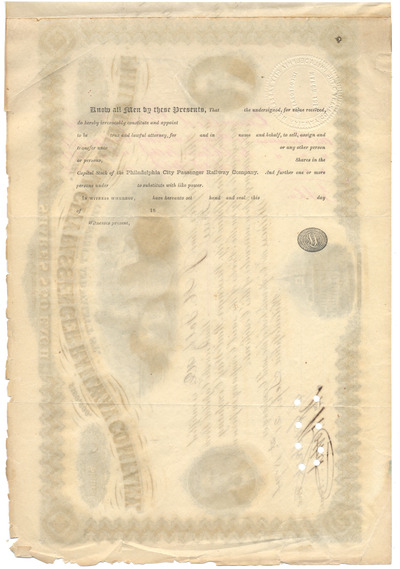 Philadelphia City Passenger Railway Company Stock Certificate