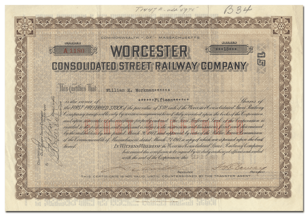 Worcester Consolidated Street Railway Company Stock Certificate