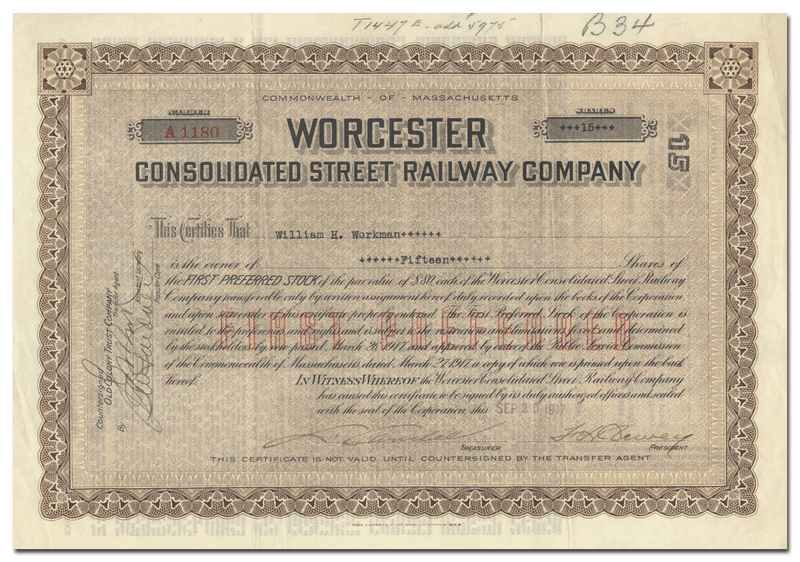 Worcester Consolidated Street Railway Company Stock Certificate