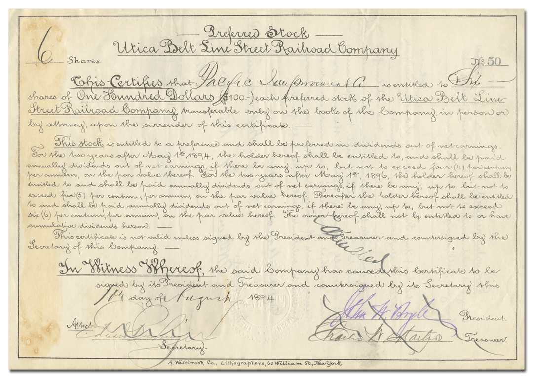 Utica Belt Line Railroad Company Stock Certificate