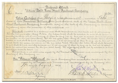 Utica Belt Line Railroad Company Stock Certificate