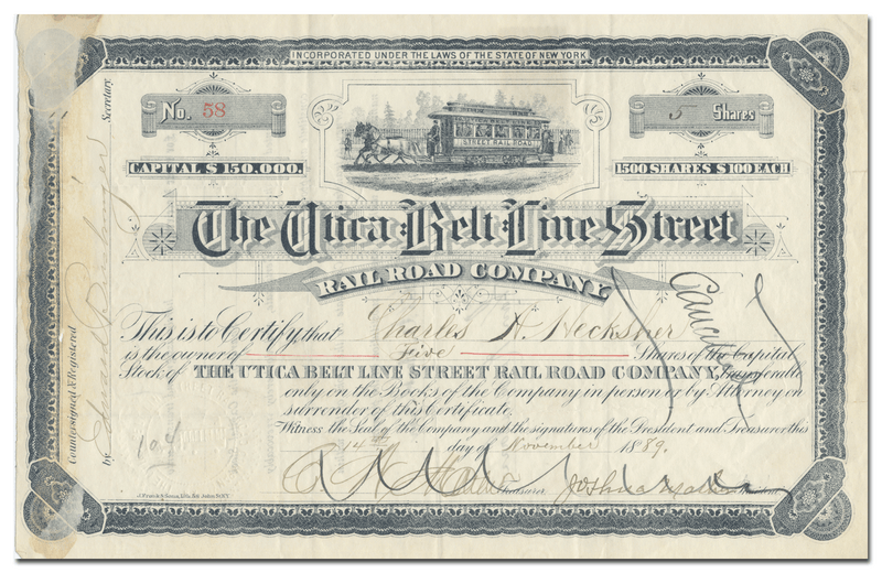 Utica Belt Line Rail Road Company Stock Certificate