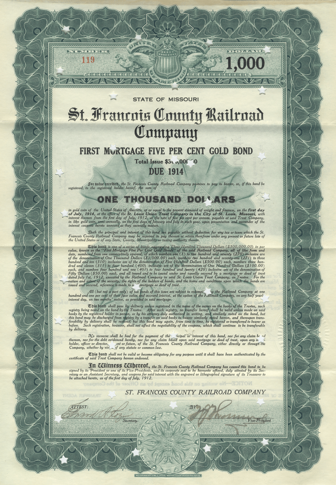 St. Francois County Railroad Company Bond Certificate