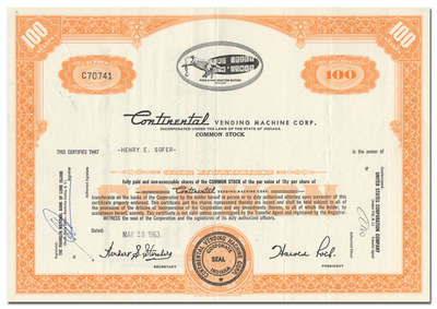 Continental Vending Machine Corp. Stock Certificate