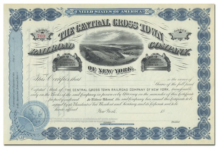 Central Cross Town Railroad Company of New York Stock Certificate