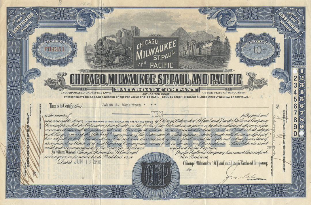 Chicago, Milwaukee, St. Paul and Pacific Railroad Company Stock Certificate