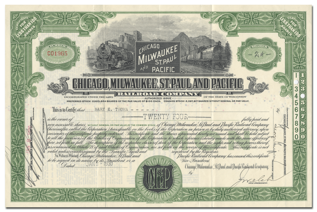 Chicago, Milwaukee, St. Paul and Pacific Railroad Company Stock Certificate