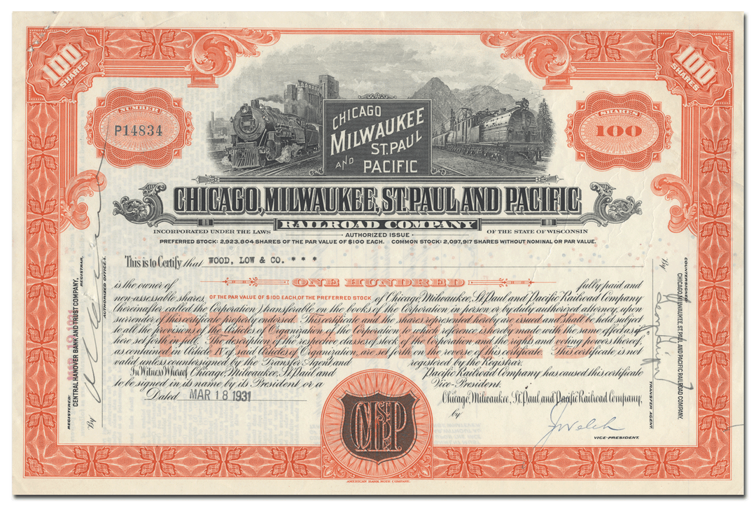 Chicago, Milwaukee, St. Paul and Pacific Railroad Company Stock Certificate