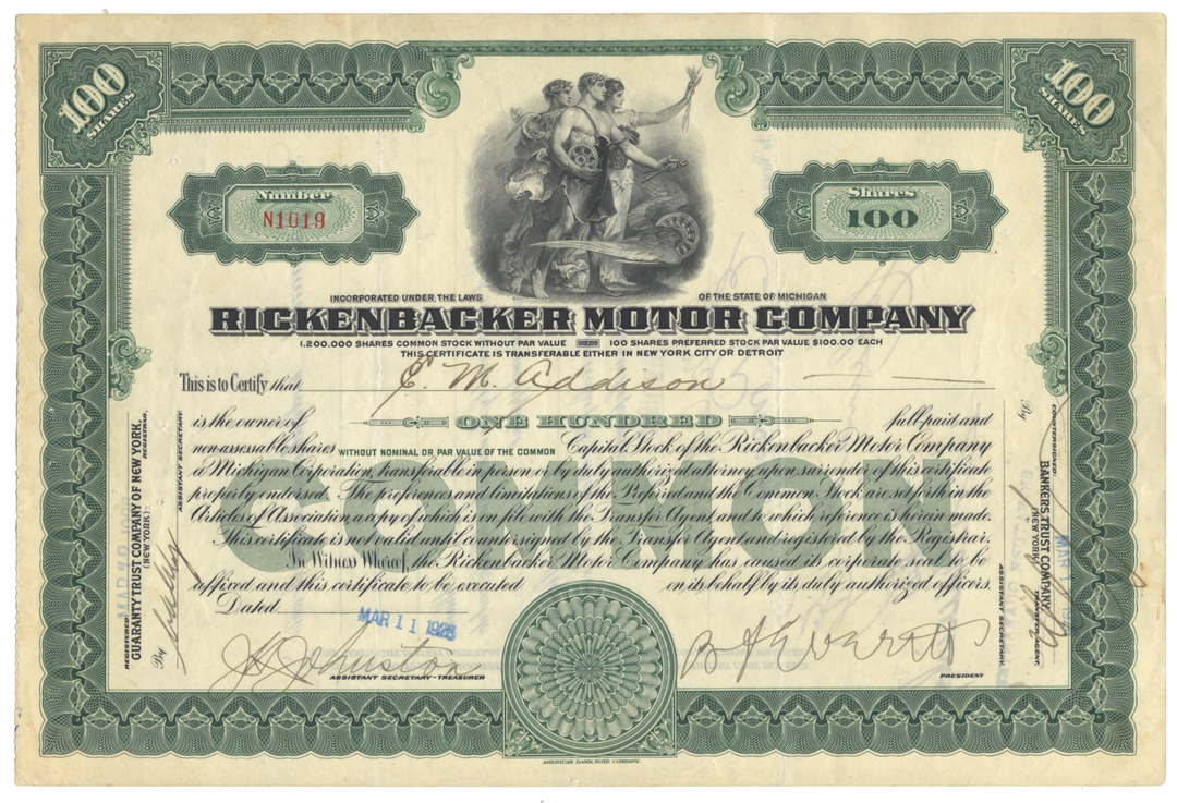 Rickenbacker Motor Company Stock Certificate