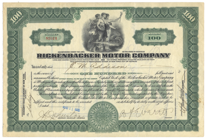 Rickenbacker Motor Company Stock Certificate