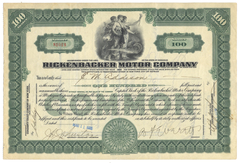 Rickenbacker Motor Company Stock Certificate
