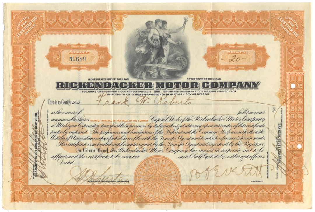 Rickenbacker Motor Company Stock Certificate