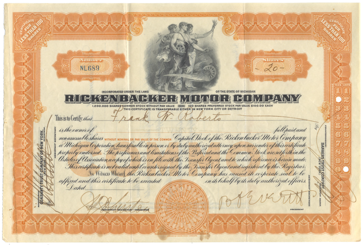 Rickenbacker Motor Company Stock Certificate