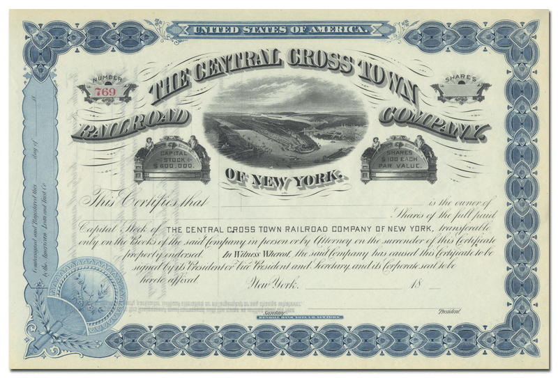 Central Cross Town Railroad Company of New York Stock Certificate