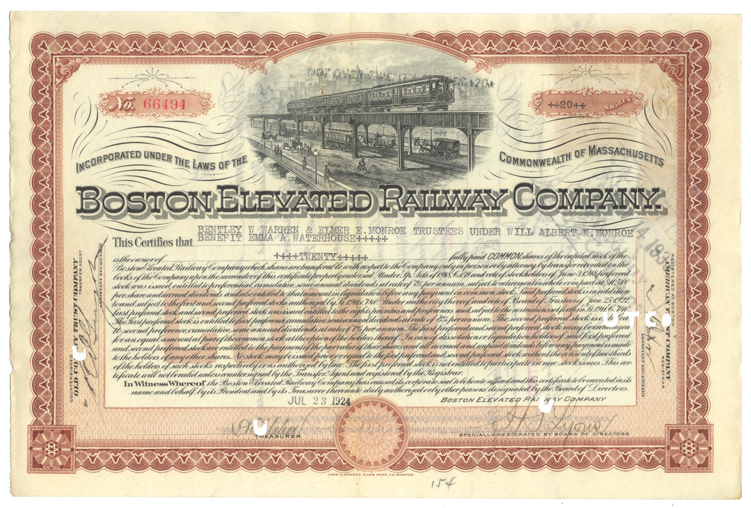 Boston Elevated Railway Company Stock Certificate